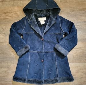 Rothschild Girls Navy Blue Hooded Faux Fur Lined Embroidered Trim Coat Size 5/6